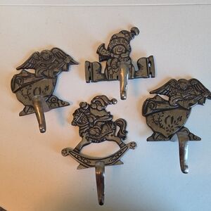 Vintage Cast Iron Stocking Metal Mantel Hooks - Set of 4 Santa Snowman Angels
